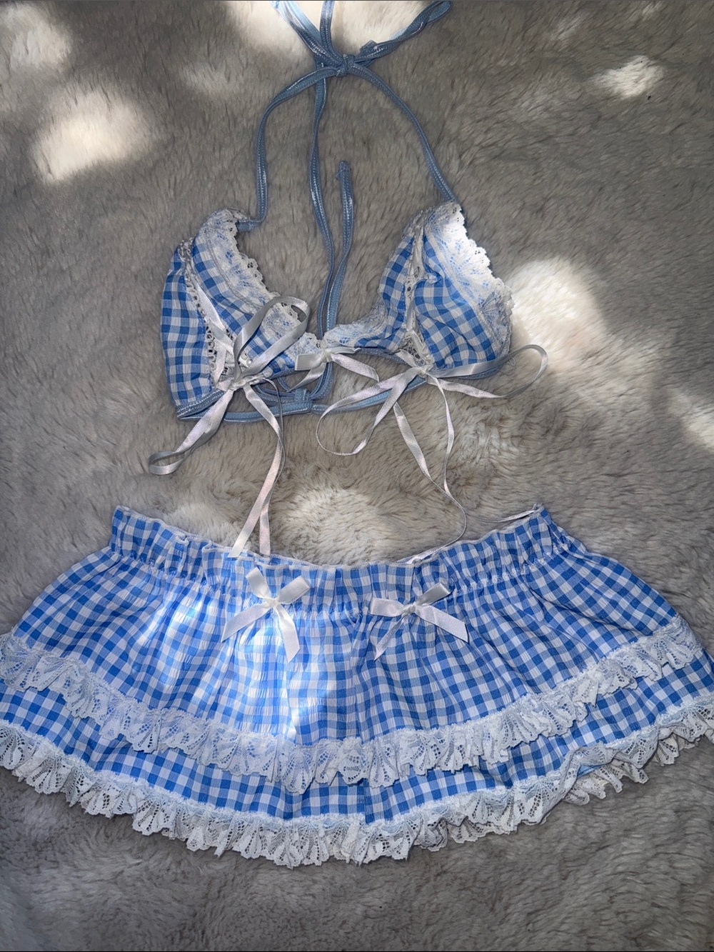 Blue Gingham Lace Trim Two-Piece Set Bikini Dancewear / Rave